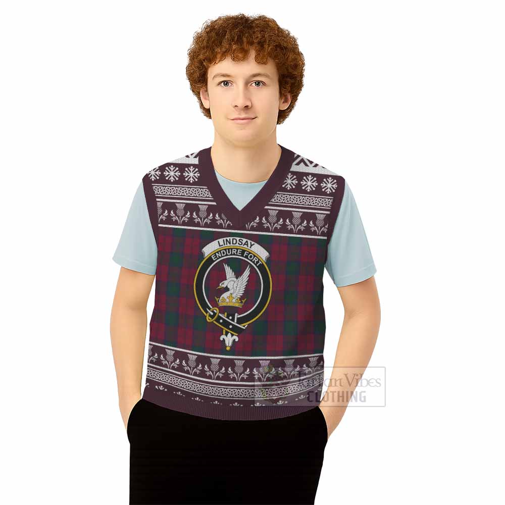 Lindsay Clan Tartan Christmas Knitted V-Neck Vest with Family Crest - Tartan Vibes Clothing