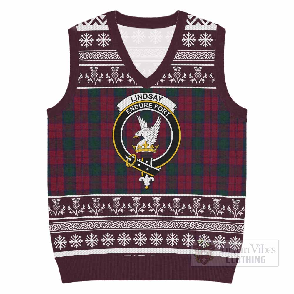 Lindsay Clan Tartan Christmas Knitted V-Neck Vest with Family Crest - Tartan Vibes Clothing