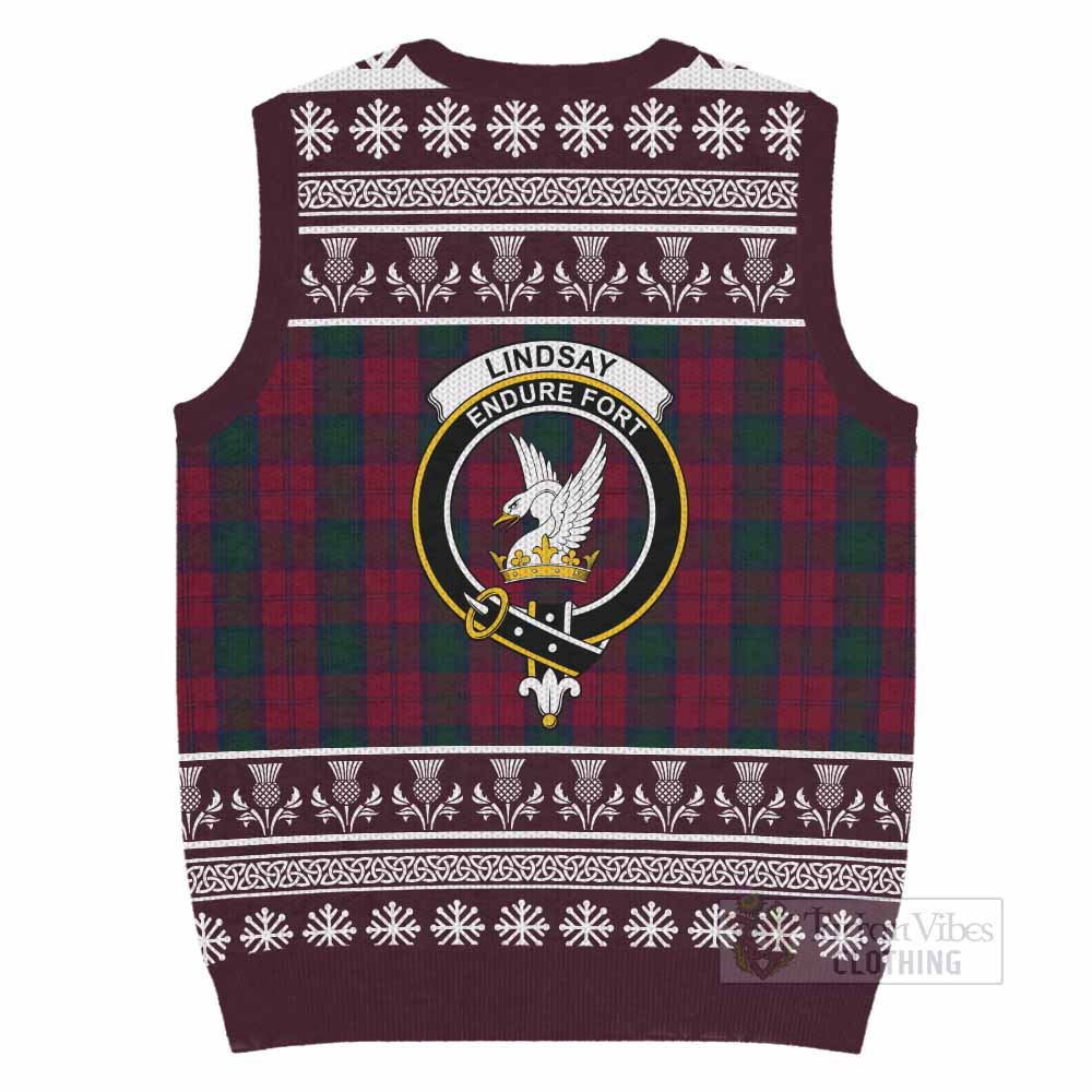 Lindsay Clan Tartan Christmas Knitted V-Neck Vest with Family Crest - Tartan Vibes Clothing