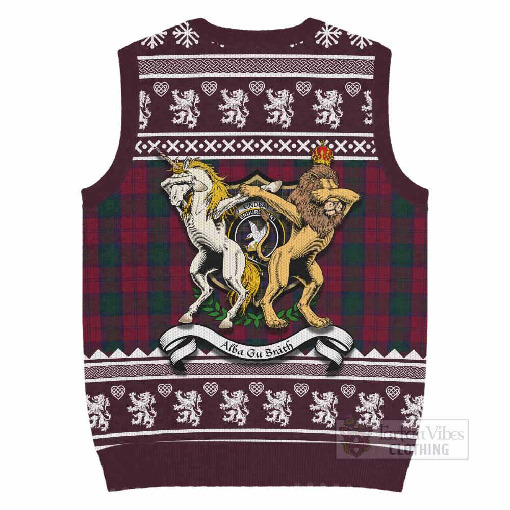 Lindsay Clan Tartan Crest Christmas Knitted V-Neck Vest Coat of Arms Funny Style - Tartan Vibes Clothing