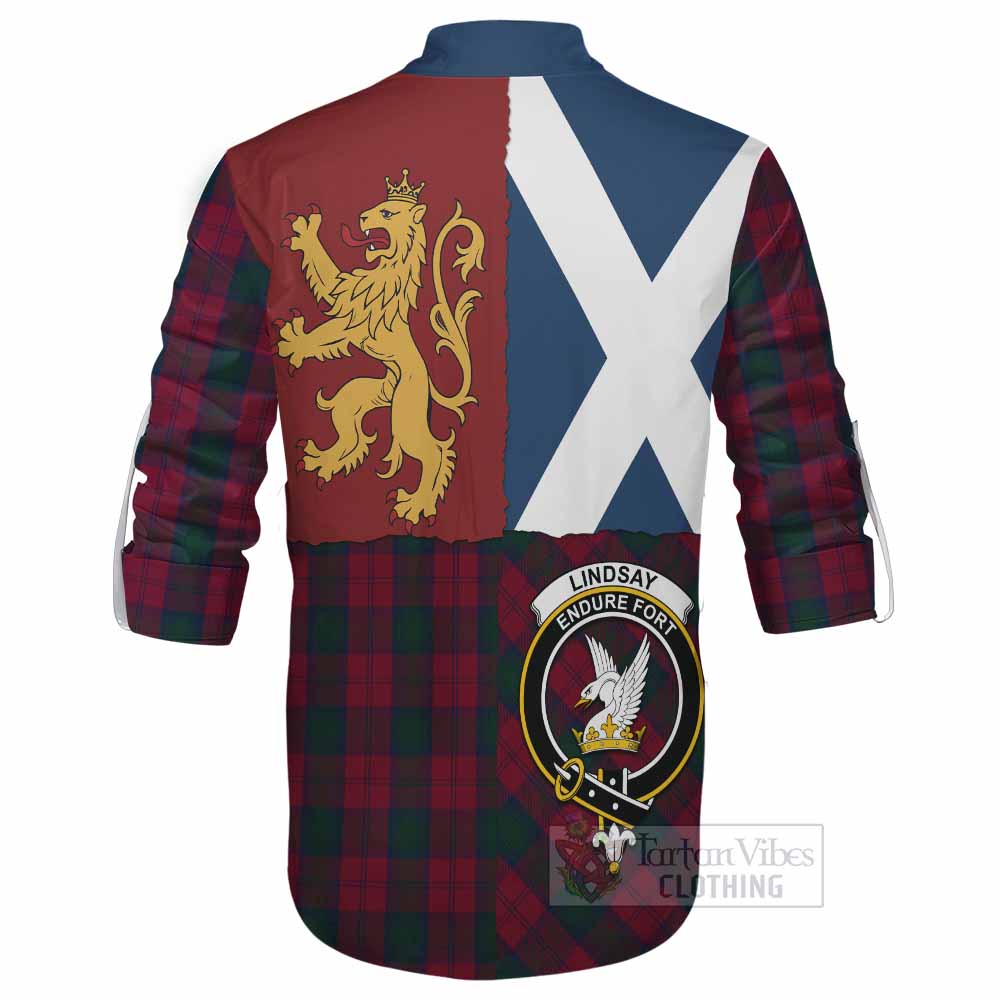 Lindsay Crest Tartan Ghillie Shirt with Lion Rampant Saltire Style - Tartan Vibes Clothing