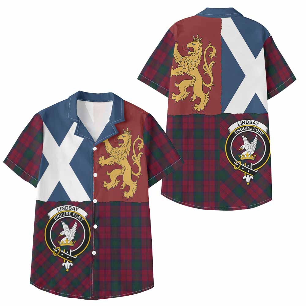 Lindsay Crest Tartan Kid Hawaiian Shirt with Lion Rampant Saltire Style - Tartan Vibes Clothing