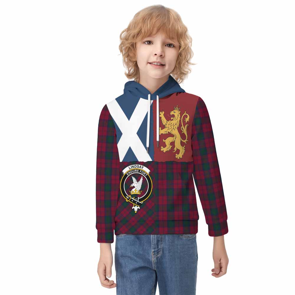 Lindsay Crest Tartan Kid Hoodie with Lion Rampant Saltire Style - Tartan Vibes Clothing