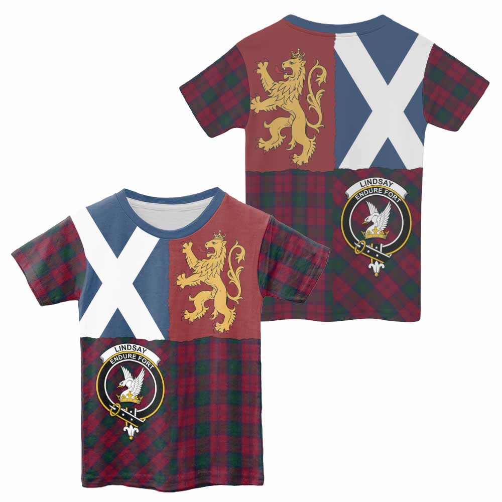 Lindsay Crest Tartan Kid T-shirt with Lion Rampant Saltire Style - Tartan Vibes Clothing