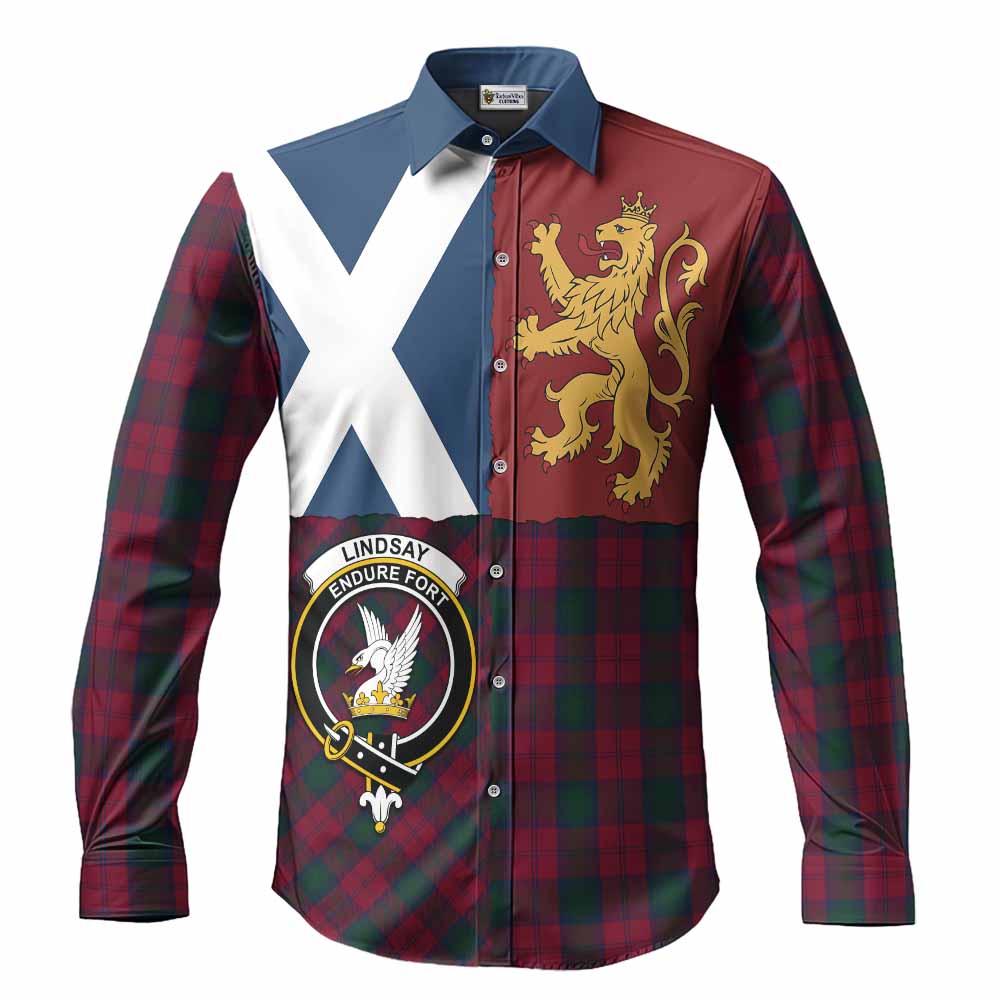 Lindsay Crest Tartan Long Sleeve Button Shirts with Lion Rampant Saltire Style