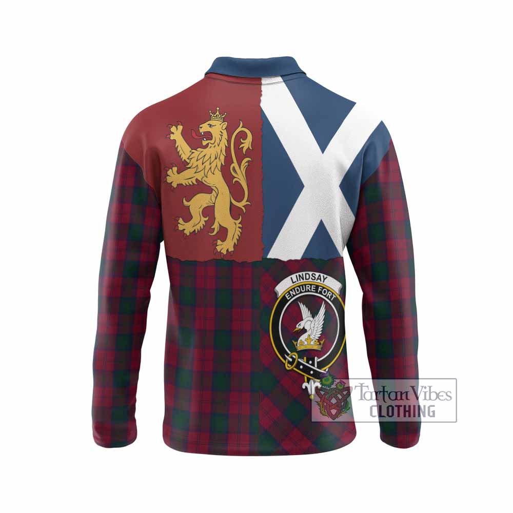 Lindsay Crest Tartan Long Sleeve Polo Shirt with Lion Rampant Saltire Style