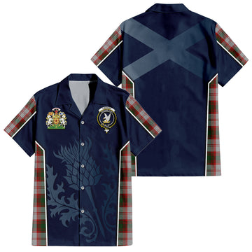 Lindsay Dress Red Tartan Short Sleeve Button Up Shirt with Family Crest and Scottish Thistle Vibes Sport Style