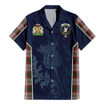 Lindsay Dress Red Tartan Short Sleeve Button Up Shirt with Family Crest and Scottish Thistle Vibes Sport Style