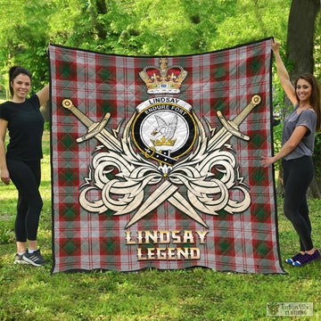 Lindsay Dress Red Tartan Quilt with Clan Crest and the Golden Sword of Courageous Legacy