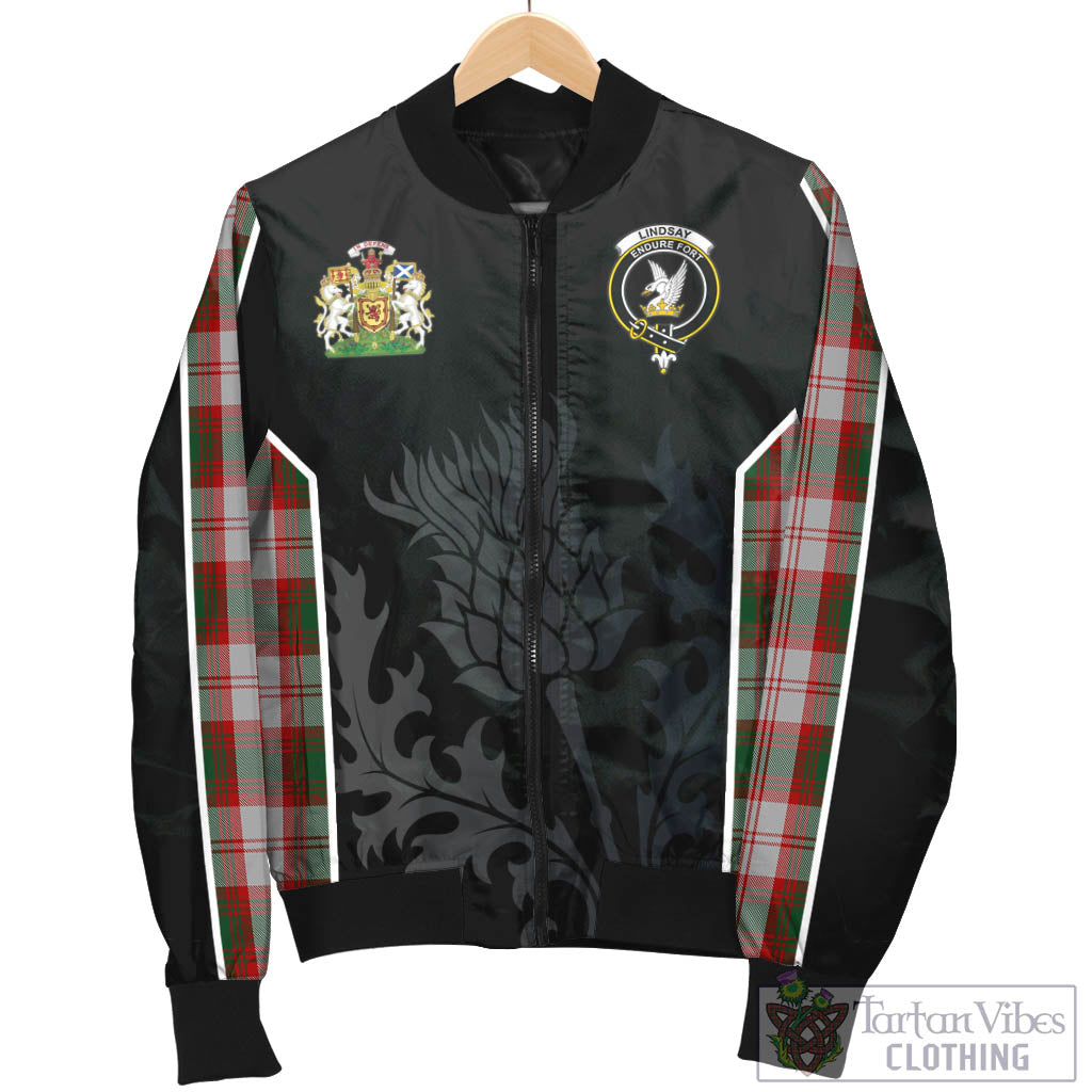 Tartan Vibes Clothing Lindsay Dress Red Tartan Bomber Jacket with Family Crest and Scottish Thistle Vibes Sport Style