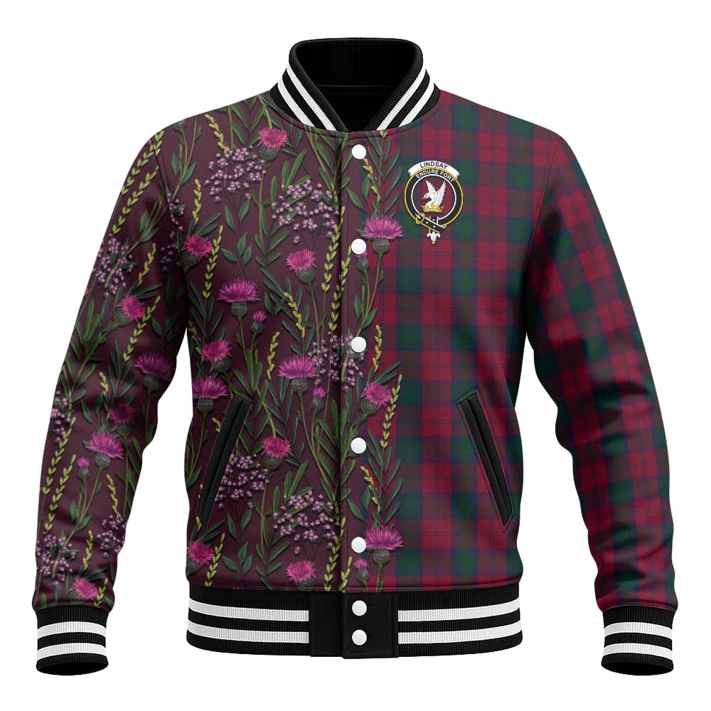 Lindsay Family Crest Tartan Baseball Jacket Scottish Thistle Flower Pattern Half Style - Tartan Vibes Clothing