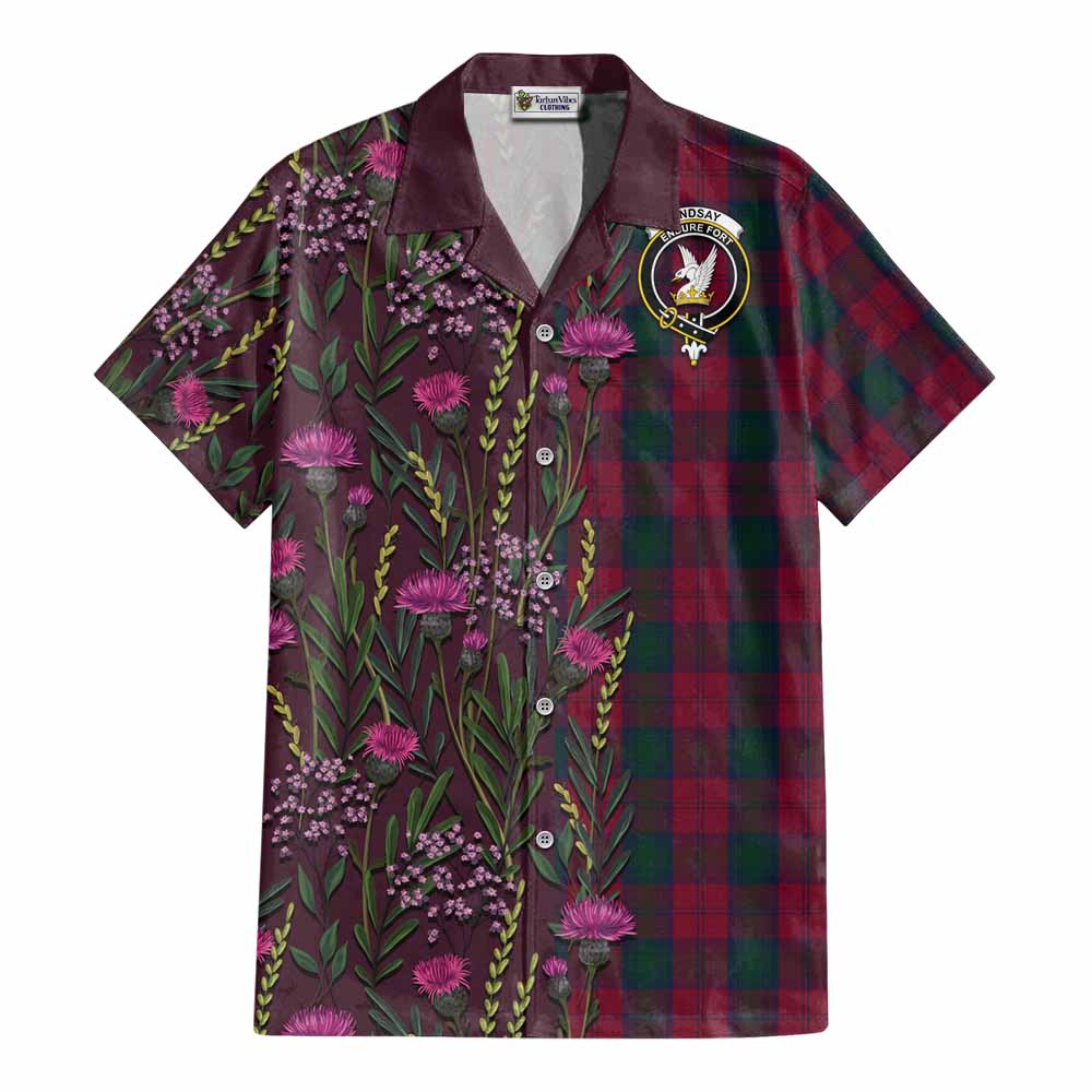 Lindsay Family Crest Tartan Cotton Hawaiian Shirt Scottish Thistle Flower Pattern Half Style - Tartan Vibes Clothing
