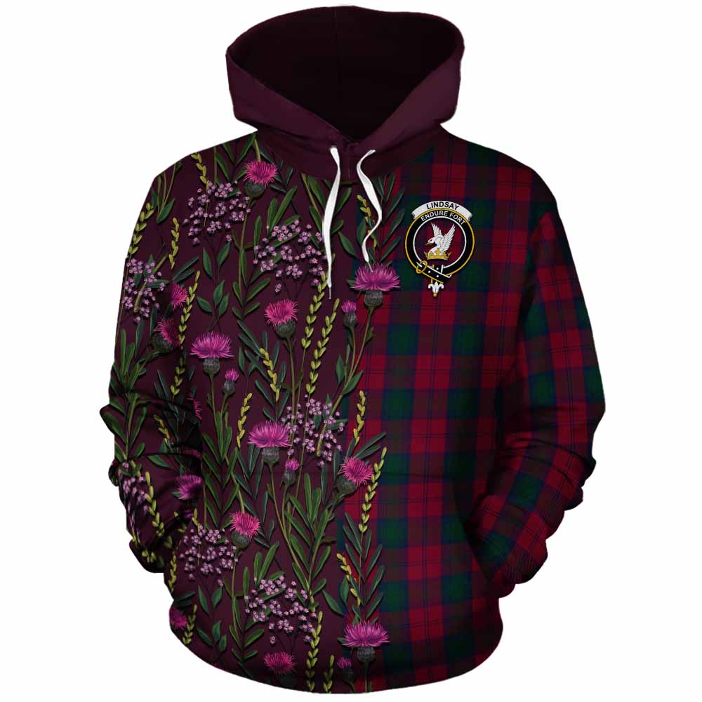 Lindsay Family Crest Tartan Cotton Hoodie Scottish Thistle Flower Pattern Half Style - Tartan Vibes Clothing