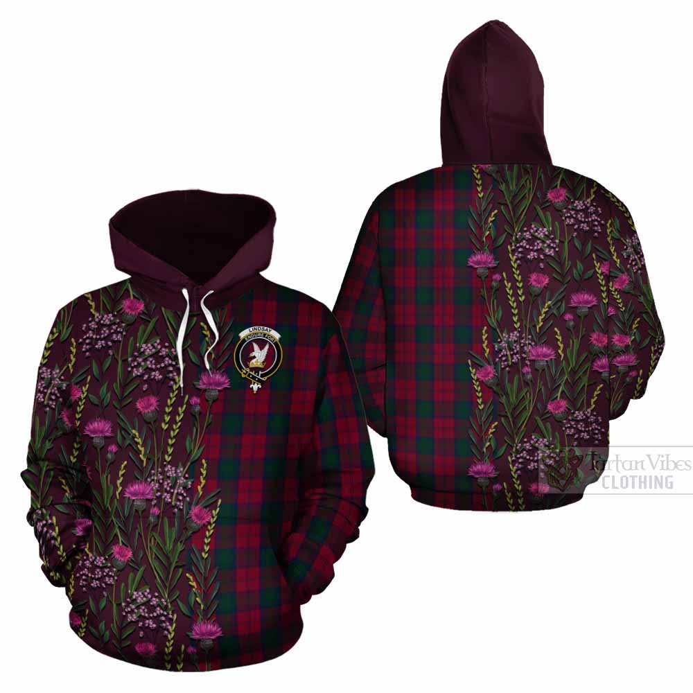 Lindsay Family Crest Tartan Cotton Hoodie Scottish Thistle Flower Pattern Half Style - Tartan Vibes Clothing