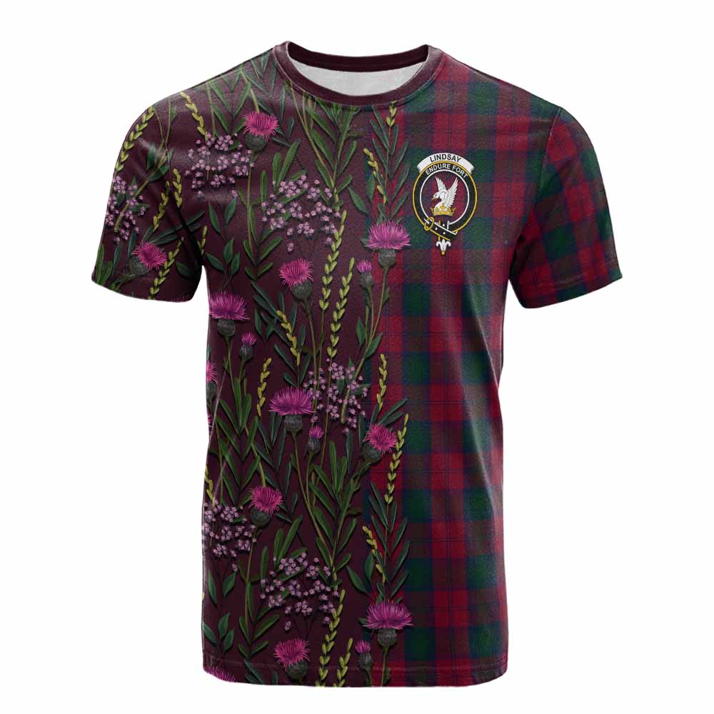Lindsay Family Crest Tartan Cotton T-shirt Scottish Thistle Flower Pattern Half Style - Tartan Vibes Clothing