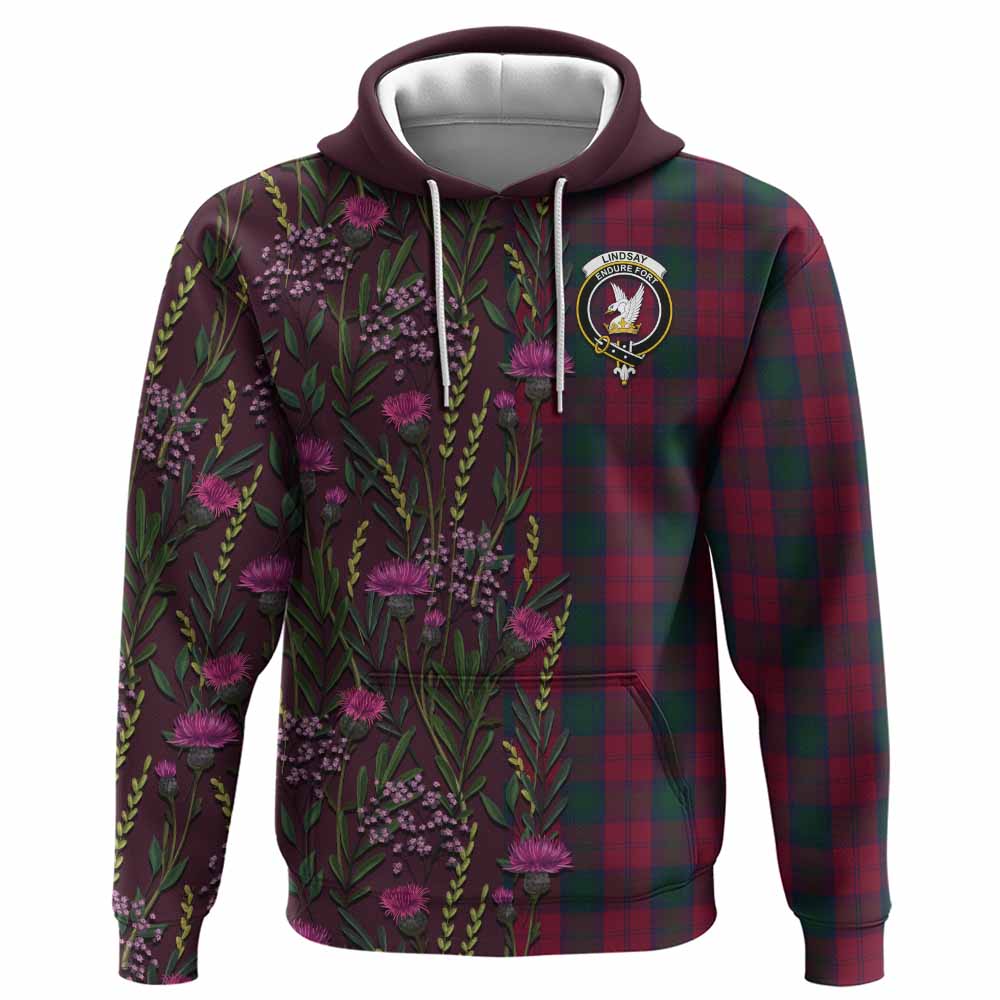 Lindsay Family Crest Tartan Hoodie Scottish Thistle Flower Pattern Half Style - Tartan Vibes Clothing