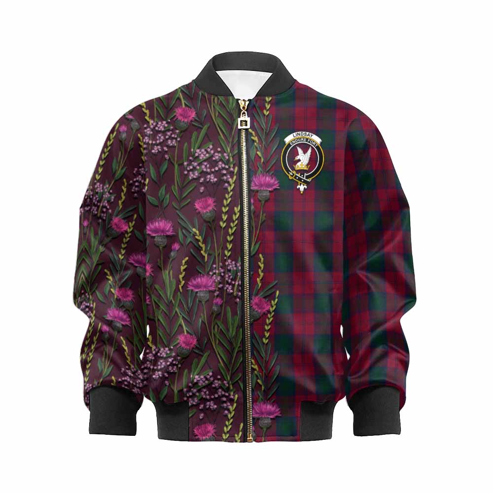 Lindsay Family Crest Tartan Kid Bomber Jacket Scottish Thistle Flower Pattern Half Style - Tartan Vibes Clothing