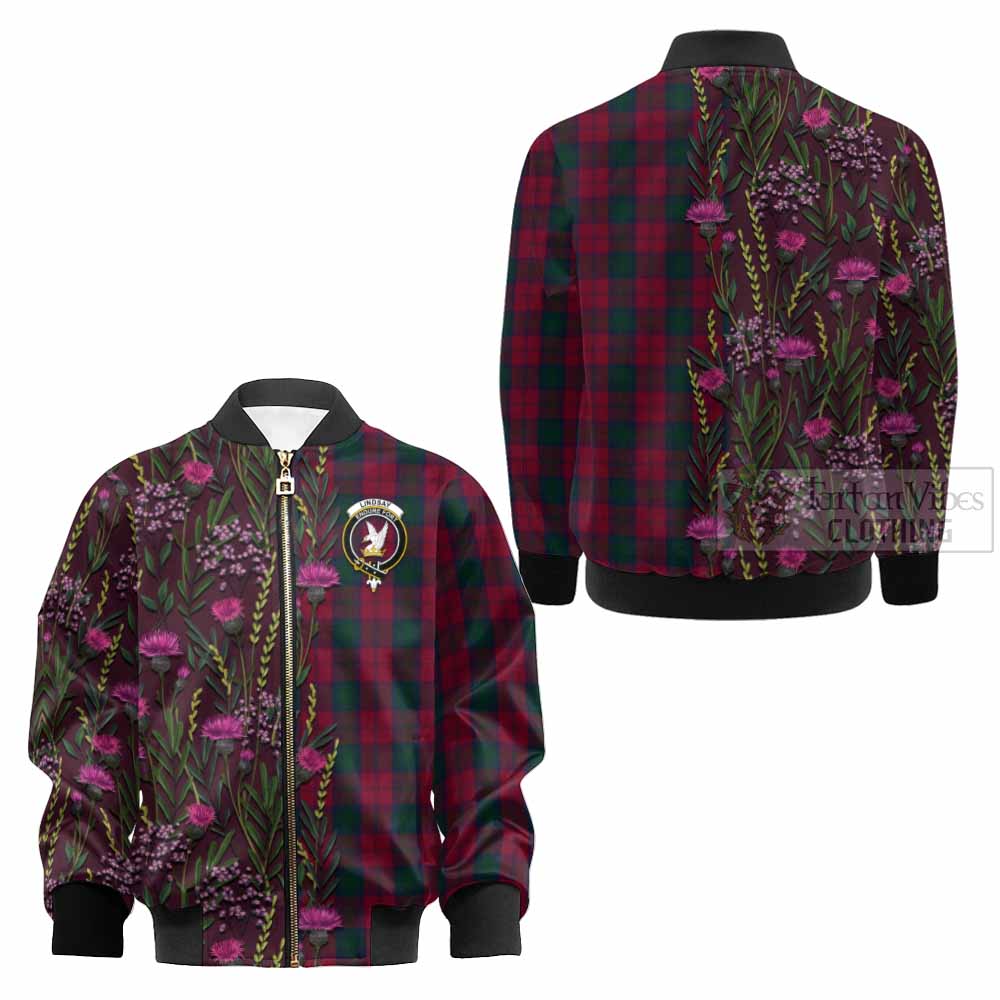 Lindsay Family Crest Tartan Kid Bomber Jacket Scottish Thistle Flower Pattern Half Style - Tartan Vibes Clothing