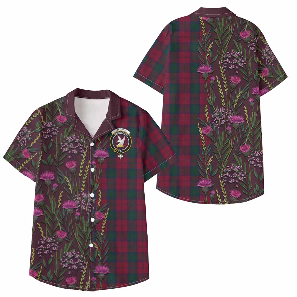 Lindsay Family Crest Tartan Kid Hawaiian Shirt Scottish Thistle Flower Pattern Half Style - Tartan Vibes Clothing