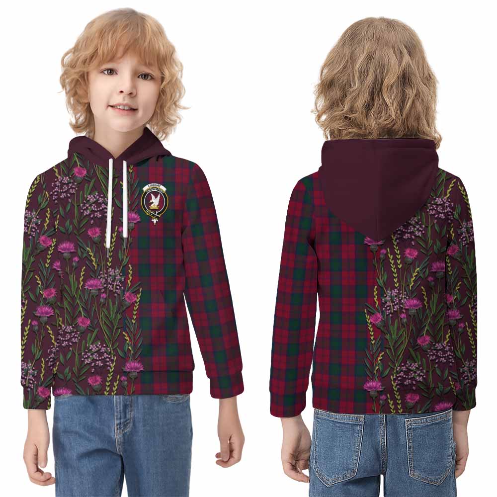 Lindsay Family Crest Tartan Kid Hoodie Scottish Thistle Flower Pattern Half Style - Tartan Vibes Clothing