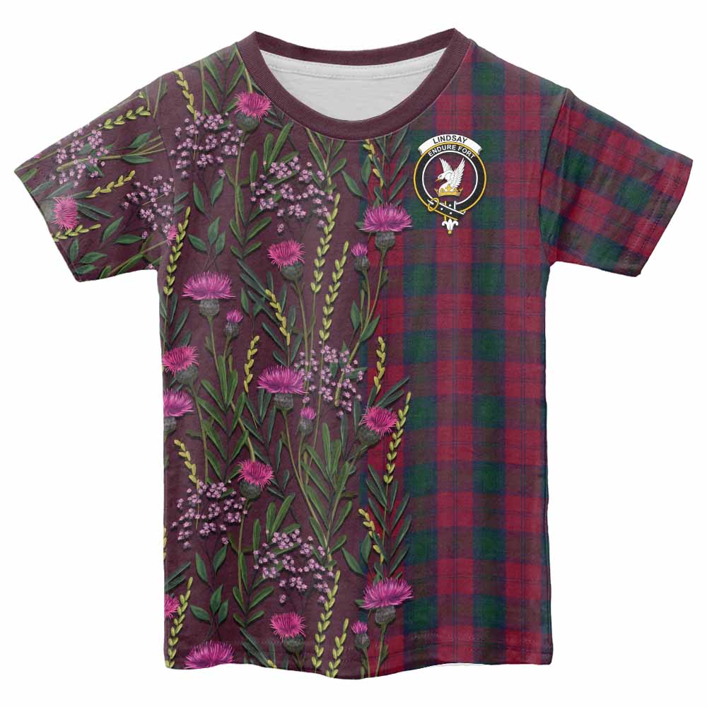 Lindsay Family Crest Tartan Kid T-shirt Scottish Thistle Flower Pattern Half Style - Tartan Vibes Clothing
