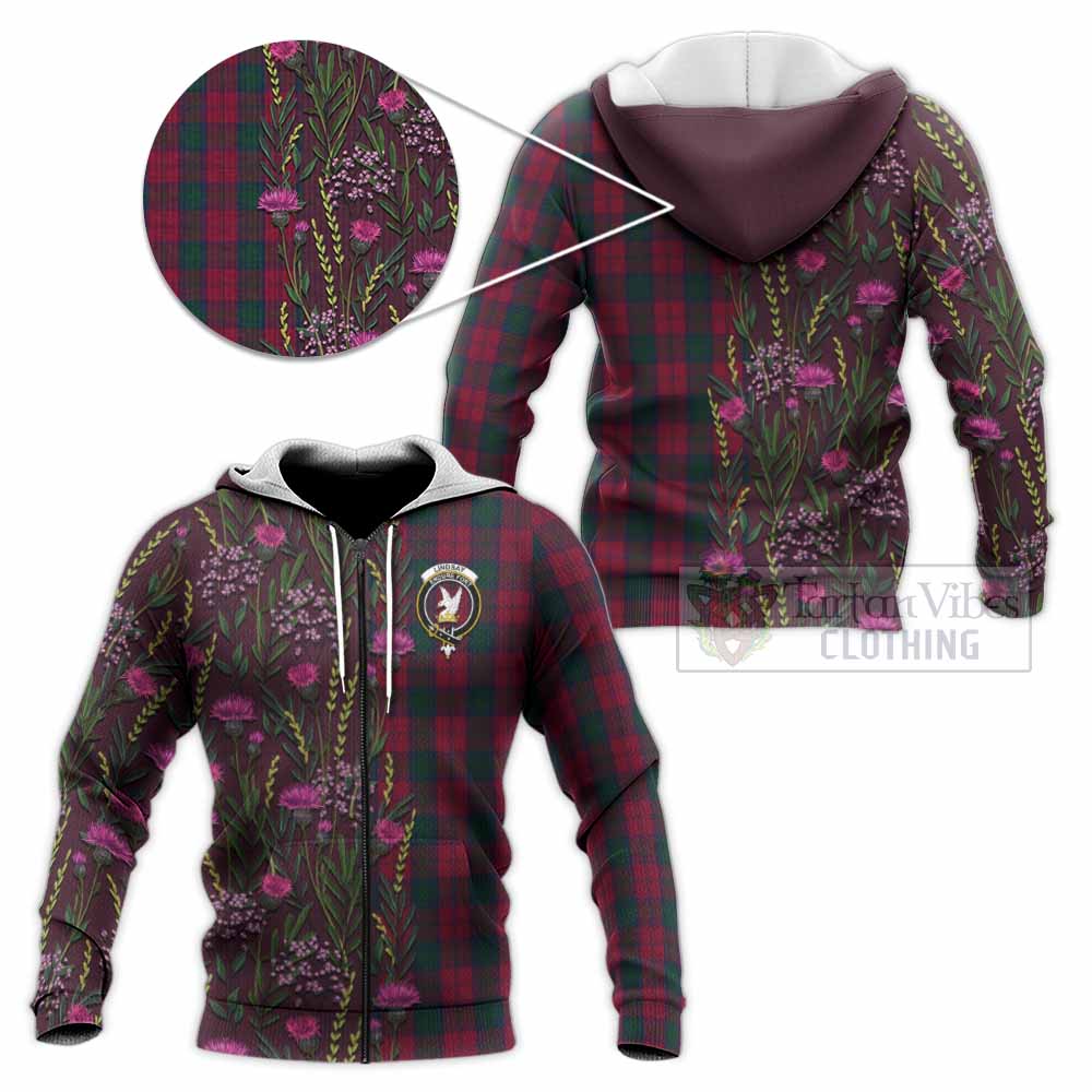 Lindsay Family Crest Tartan Knitted Hoodie Scottish Thistle Flower Pattern Half Style - Tartan Vibes Clothing