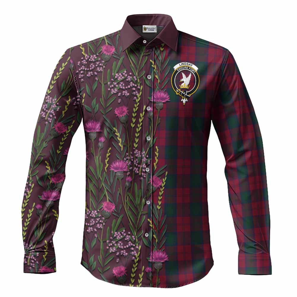 Lindsay Family Crest Tartan Long Sleeve Button Shirts Scottish Thistle Flower Pattern Half Style - Tartan Vibes Clothing