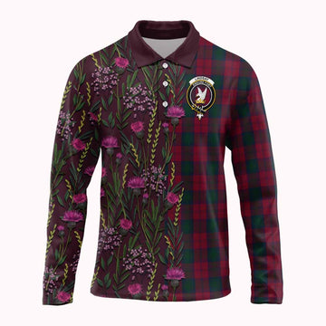 Lindsay Family Crest Tartan Long Sleeve Polo Shirt Scottish Thistle Flower Pattern Half Style