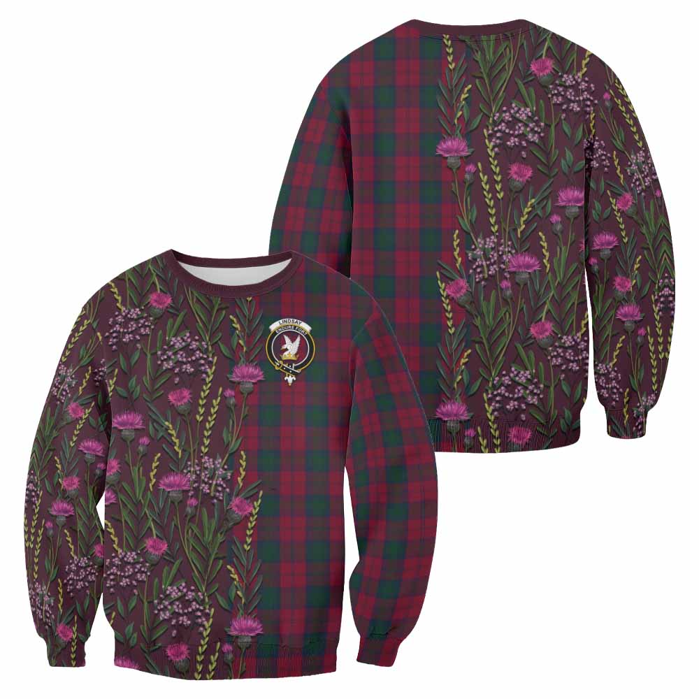 Lindsay Family Crest Tartan Sweatshirt Scottish Thistle Flower Pattern Half Style - Tartan Vibes Clothing