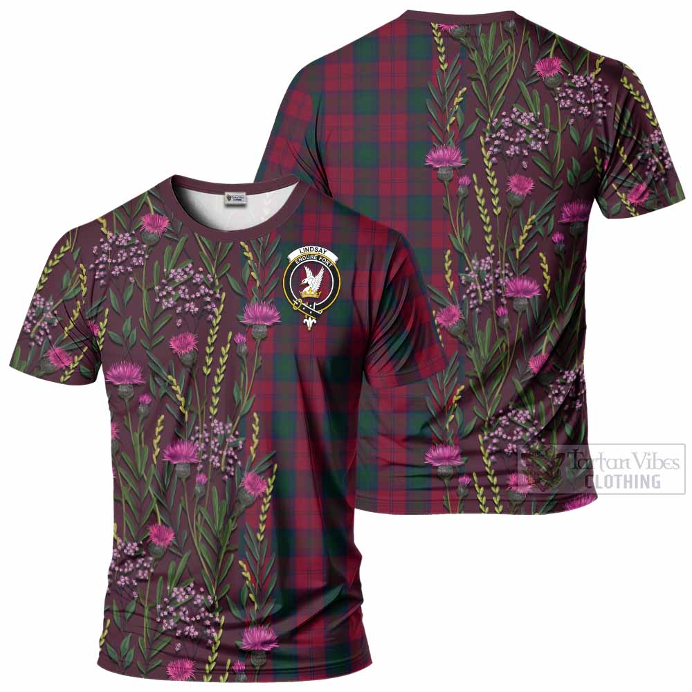 Lindsay Family Crest Tartan T-Shirt Scottish Thistle Flower Pattern Half Style - Tartan Vibes Clothing