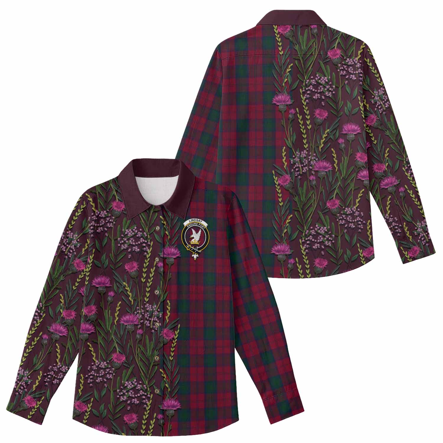 Lindsay Family Crest Tartan Women Casual Shirt Scottish Thistle Flower Pattern Half Style - Tartan Vibes Clothing
