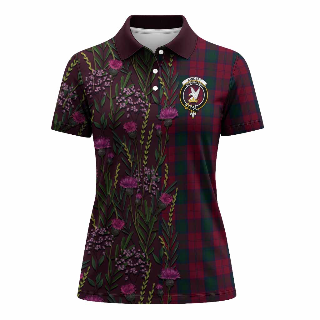 Lindsay Family Crest Tartan Women Polo Shirt Scottish Thistle Flower Pattern Half Style - Tartan Vibes Clothing