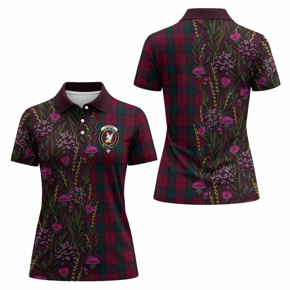 Lindsay Family Crest Tartan Women Polo Shirt Scottish Thistle Flower Pattern Half Style - Tartan Vibes Clothing