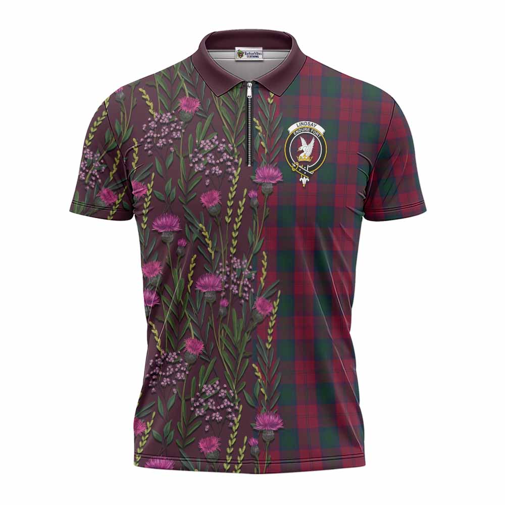 Lindsay Family Crest Tartan Zipper Polo Shirt Scottish Thistle Flower Pattern Half Style - Tartan Vibes Clothing