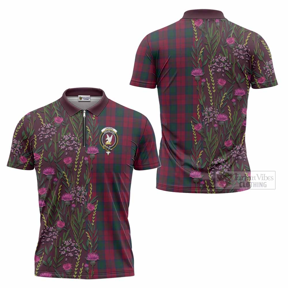 Lindsay Family Crest Tartan Zipper Polo Shirt Scottish Thistle Flower Pattern Half Style - Tartan Vibes Clothing