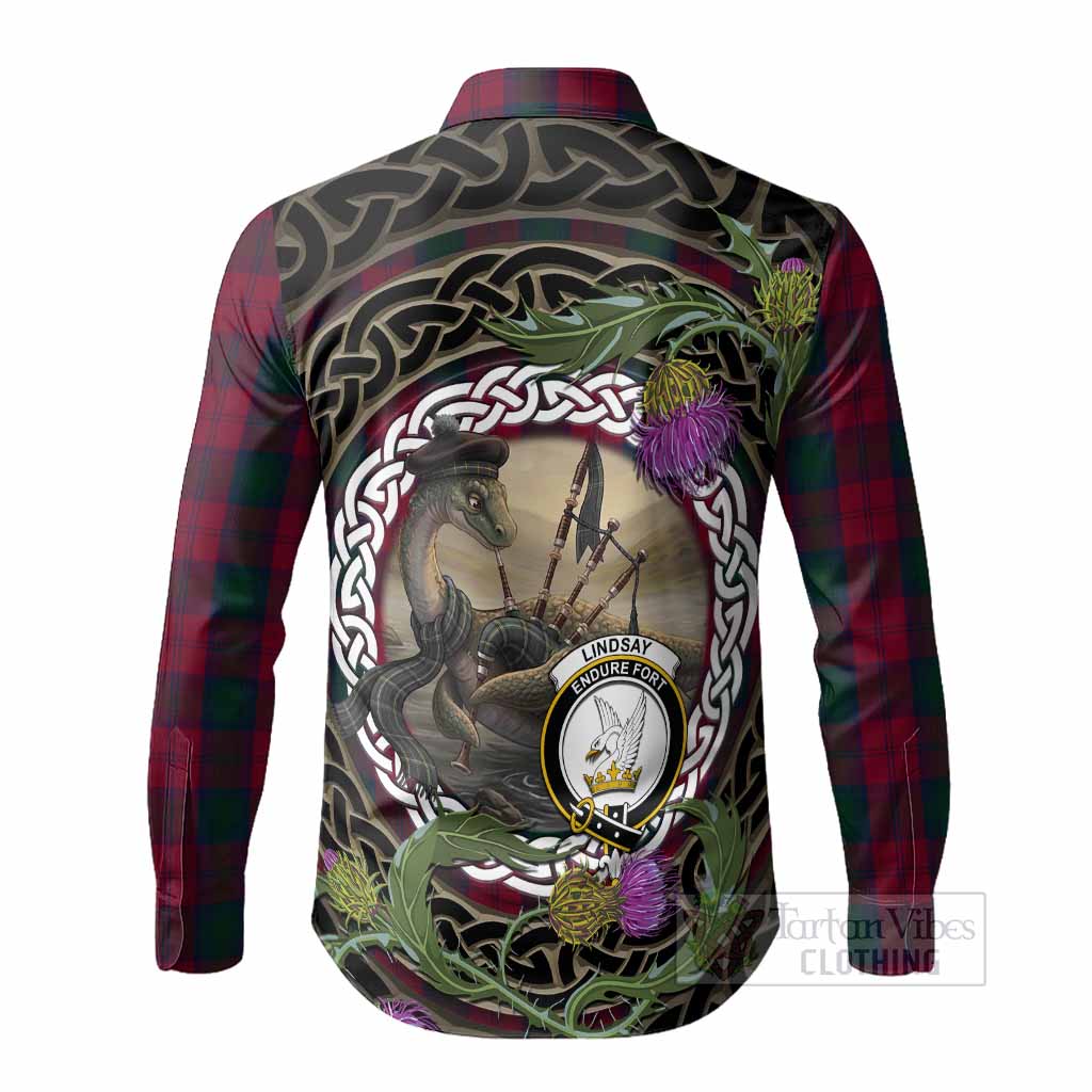 Lindsay Tartan Crest Bagpipe Nessie Long Sleeve Button Shirts Scottish Loch Ness Monster Celtic Thistle
