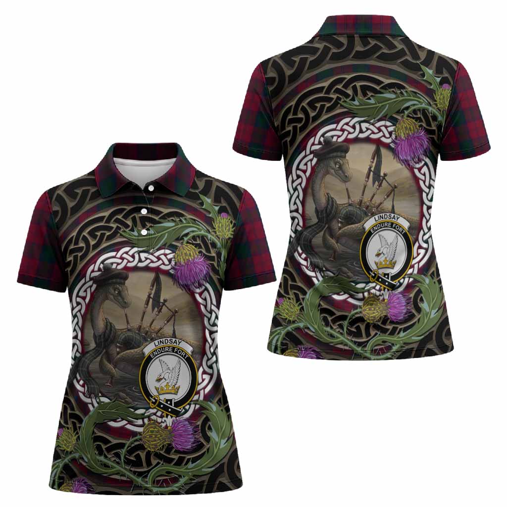 Lindsay Tartan Crest Bagpipe Nessie Women Polo Shirt Scottish Loch Ness Monster Celtic Thistle