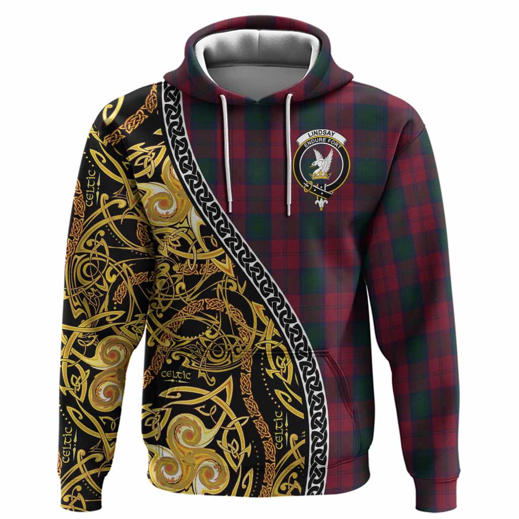 Lindsay Tartan Crest Hoodie Celtic Knot and Triple Trickle Spiral Symbols