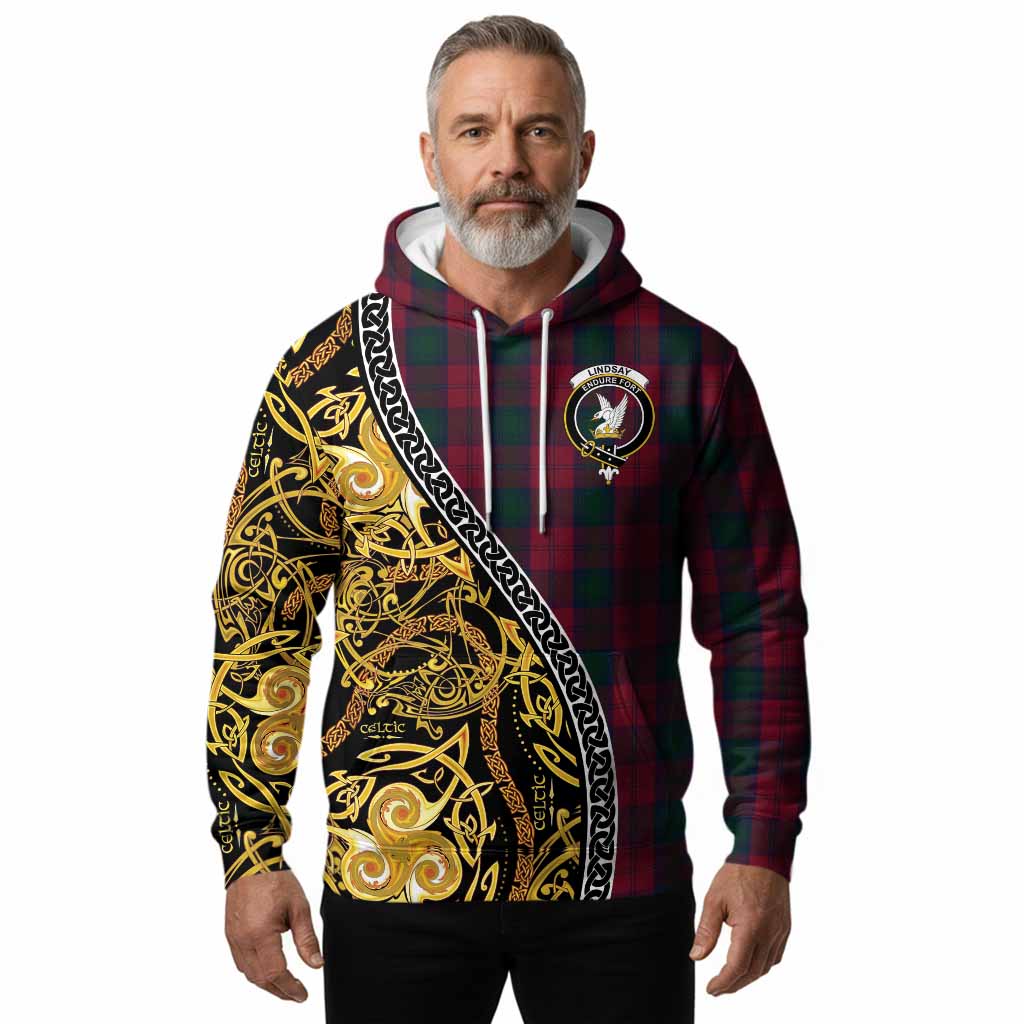 Lindsay Tartan Crest Hoodie Celtic Knot and Triple Trickle Spiral Symbols