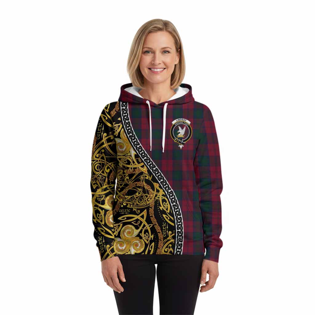 Lindsay Tartan Crest Hoodie Celtic Knot and Triple Trickle Spiral Symbols