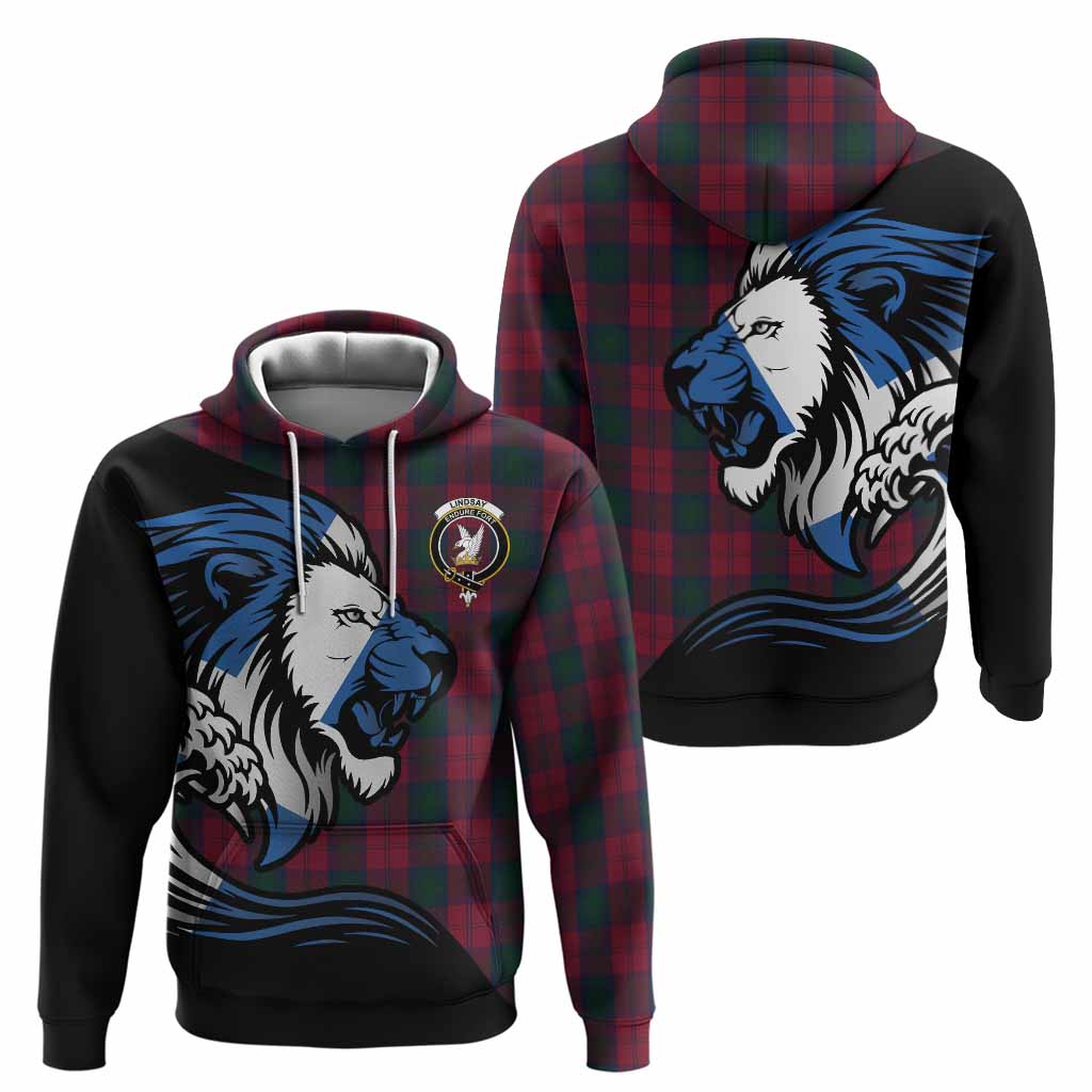 Lindsay Tartan Crest Hoodie Scottish Golden Lions Wave Flow