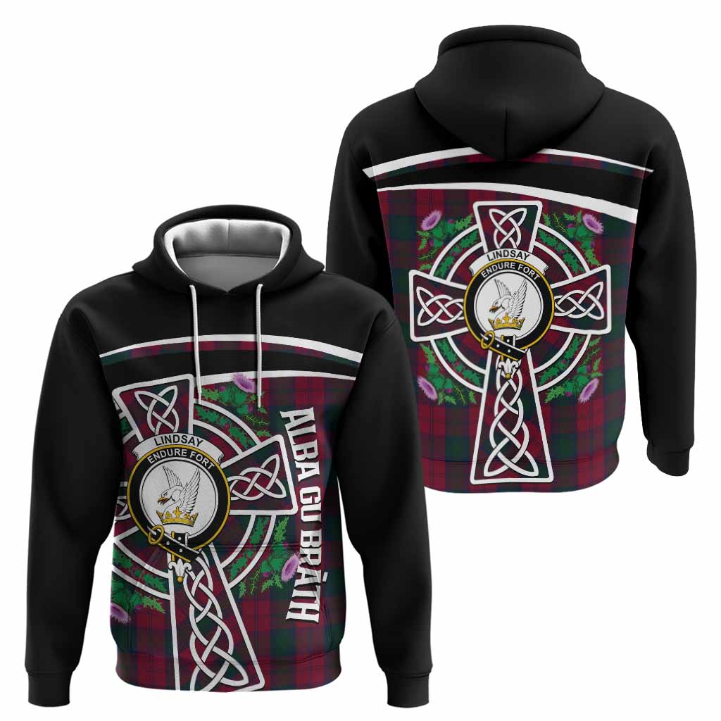 Lindsay Tartan Crest Hoodie Scottish Thistle Celtic Cross Alba Gu Brath