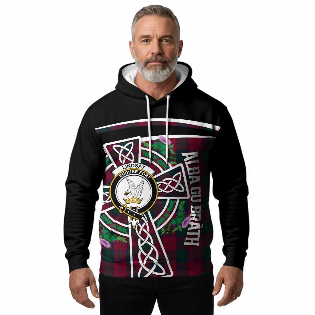 Lindsay Tartan Crest Hoodie Scottish Thistle Celtic Cross Alba Gu Brath