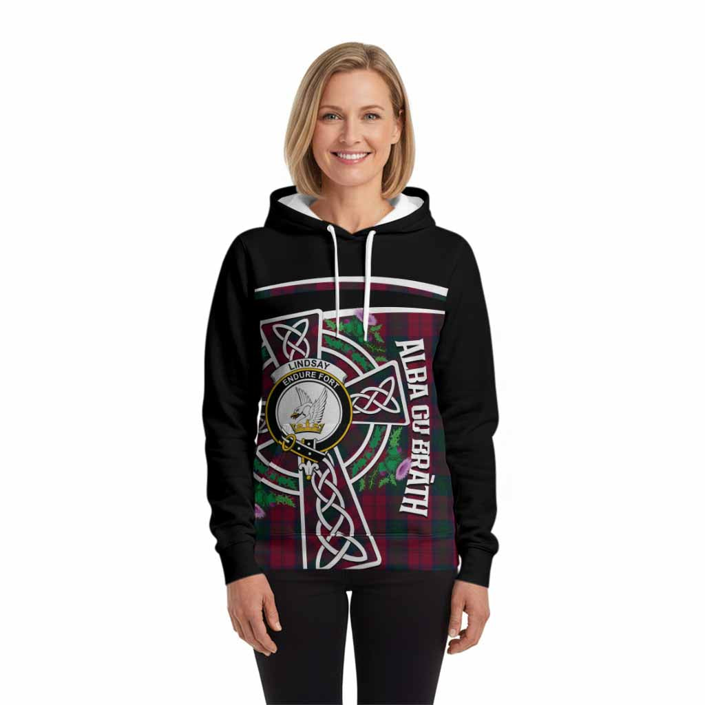Lindsay Tartan Crest Hoodie Scottish Thistle Celtic Cross Alba Gu Brath