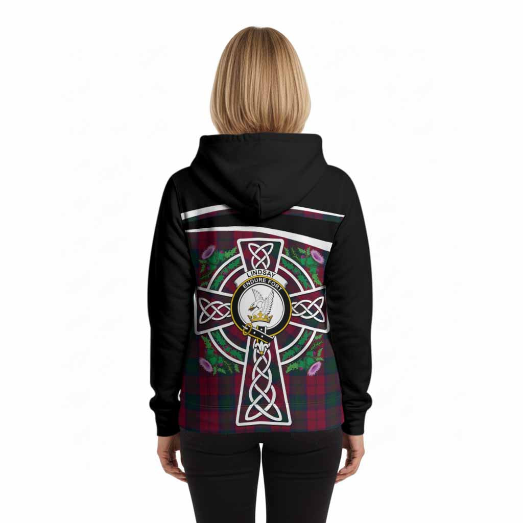 Lindsay Tartan Crest Hoodie Scottish Thistle Celtic Cross Alba Gu Brath