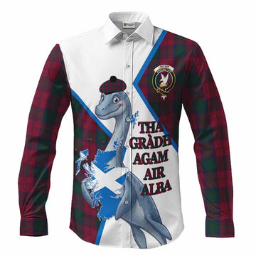 Lindsay Tartan Crest Loch Ness Monster Long Sleeve Button Shirts Nessie Scottish Map Tha Gradh Agam Air Alba