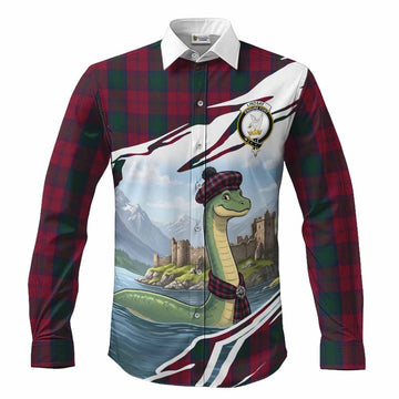 Lindsay Tartan Crest Loch Ness Monster Scottish Heritage Art Long Sleeve Button Shirts