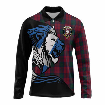 Lindsay Tartan Crest Long Sleeve Polo Shirt Scottish Golden Lions Wave Flow
