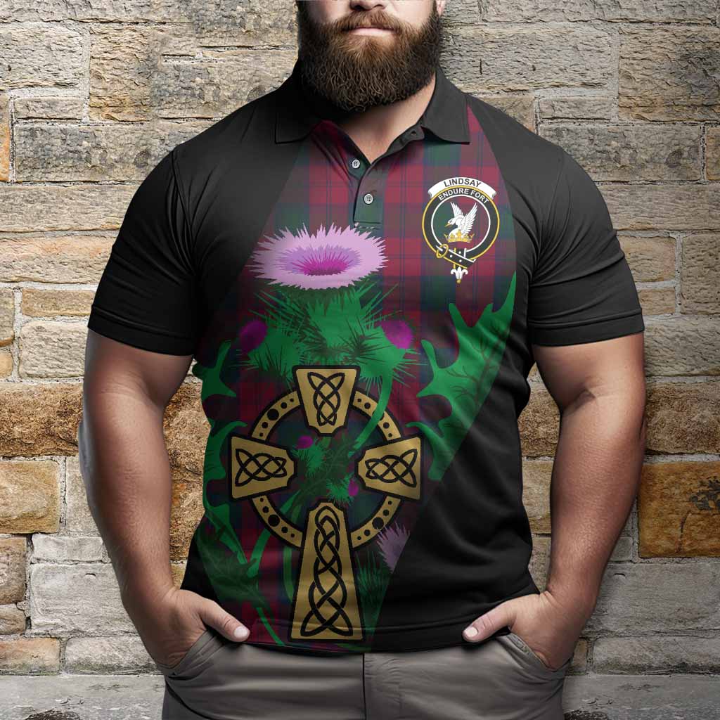 Lindsay Tartan Crest Polo Shirt Celtic Cross Thistle Flowers