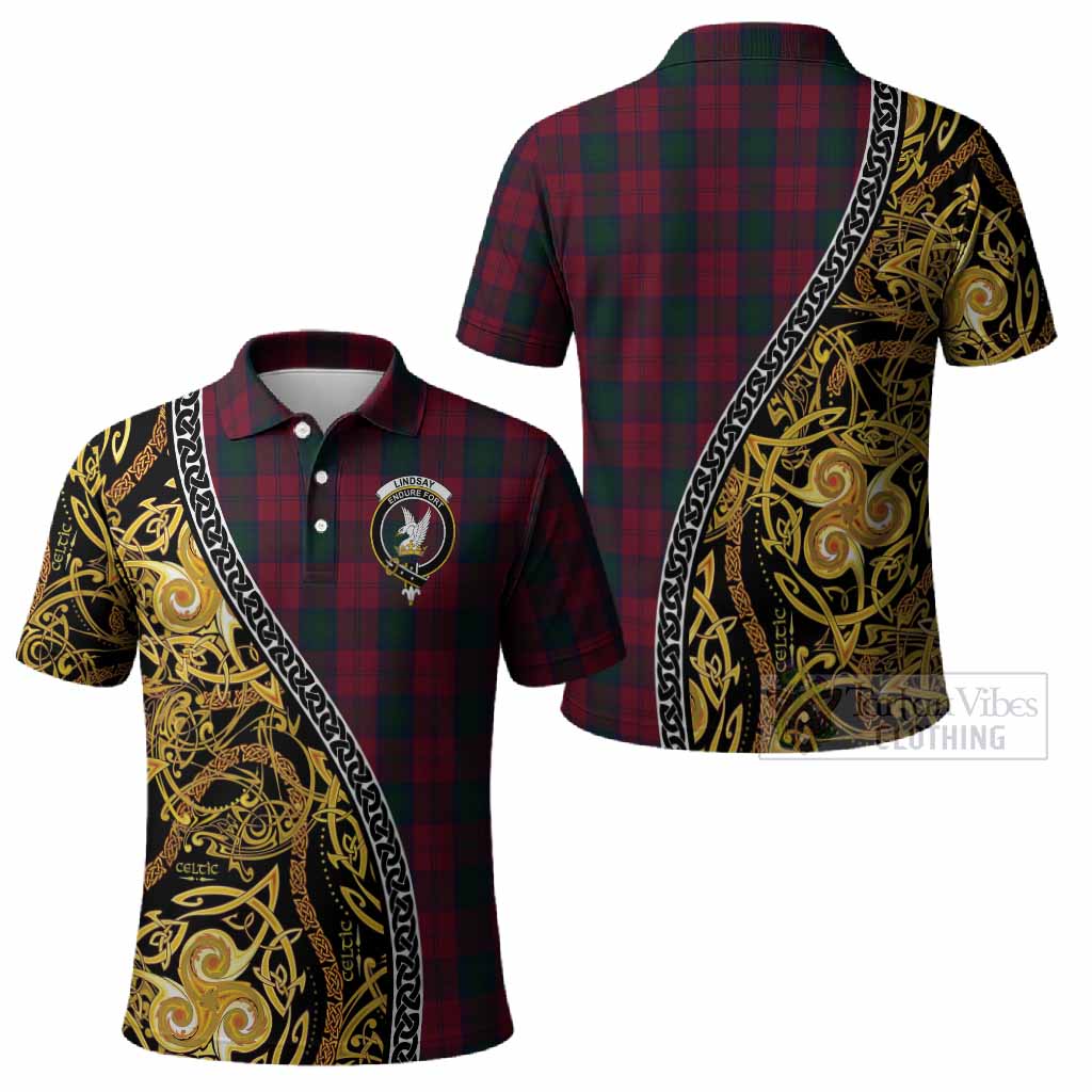 Lindsay Tartan Crest Polo Shirt Celtic Knot and Triple Trickle Spiral Symbols